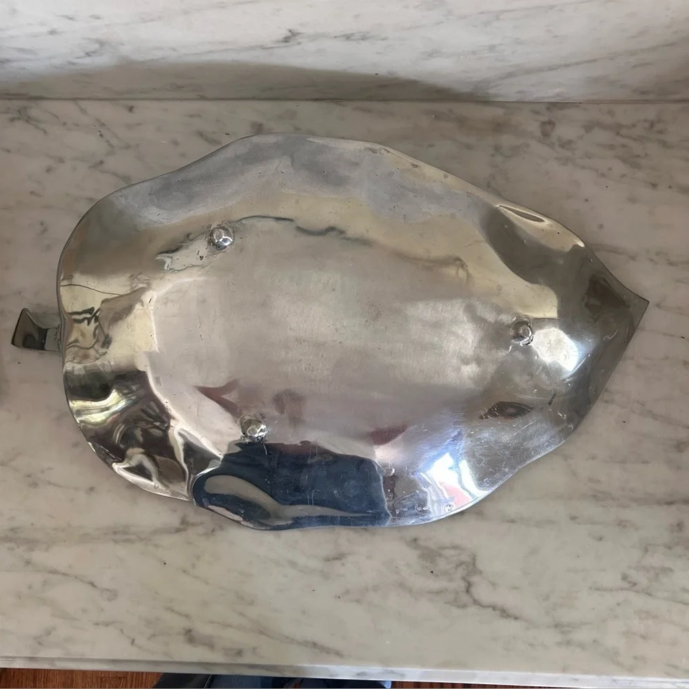 Large Pewter Leaf-Shaped Footed Decorative Tray Platter Approximately 24” x 13”